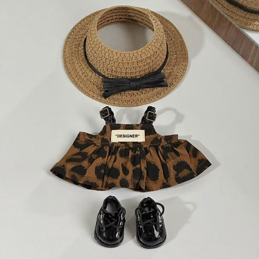 Doll clothes for Generation 1, 2, and 3 Sitting Labubu – Pop Mart figure outfit with leopard-print skirt and straw hat.