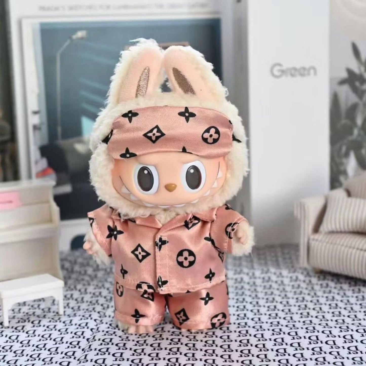 【Trendy Doll Outfit】17cm Labubu pendant doll clothing vinyl figure beach-style pajama 3-piece set, cute and comfy.