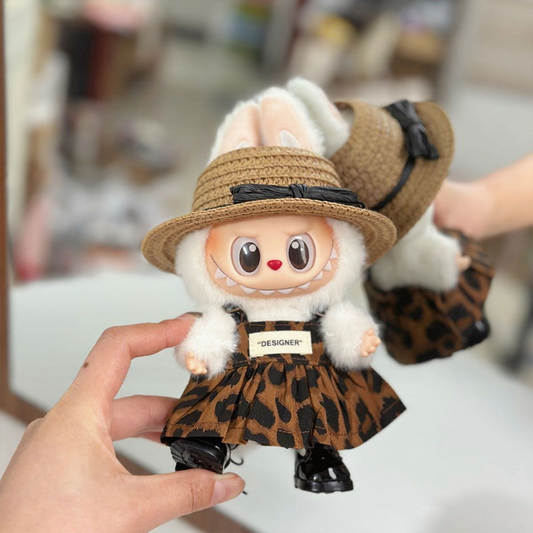 Doll clothes for Generation 1, 2, and 3 Sitting Labubu –  Pop Mart figure outfit with leopard-print skirt and straw hat.